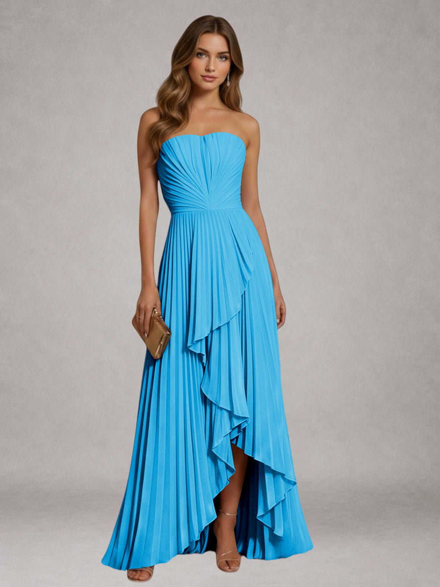Blue Free Shipping Elegant Strapless A-Line Pleated Asymmetrical Long Prom Dress