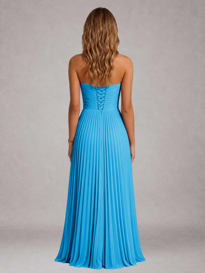 Blue Free Shipping Elegant Strapless A-Line Pleated Asymmetrical Long Prom Dress