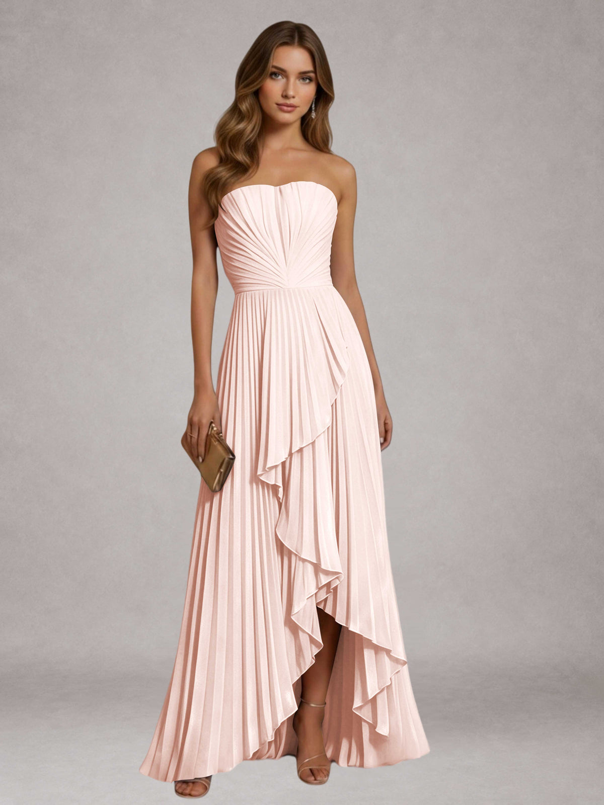 Blushing Pink Free Shipping Elegant Strapless A-Line Pleated Asymmetrical Long Prom Dress
