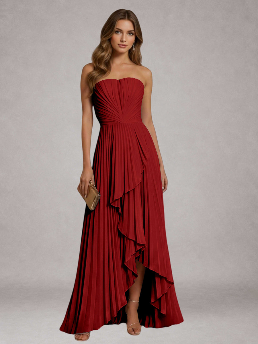 Burgundy Free Shipping Elegant Strapless A-Line Pleated Asymmetrical Long Prom Dress