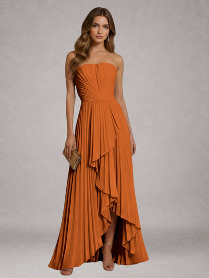 Burnt Orange Free Shipping Elegant Strapless A-Line Pleated Asymmetrical Long Prom Dress