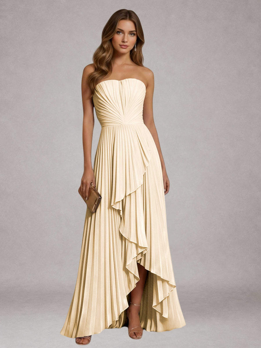 Champagne Free Shipping Elegant Strapless A-Line Pleated Asymmetrical Long Prom Dress