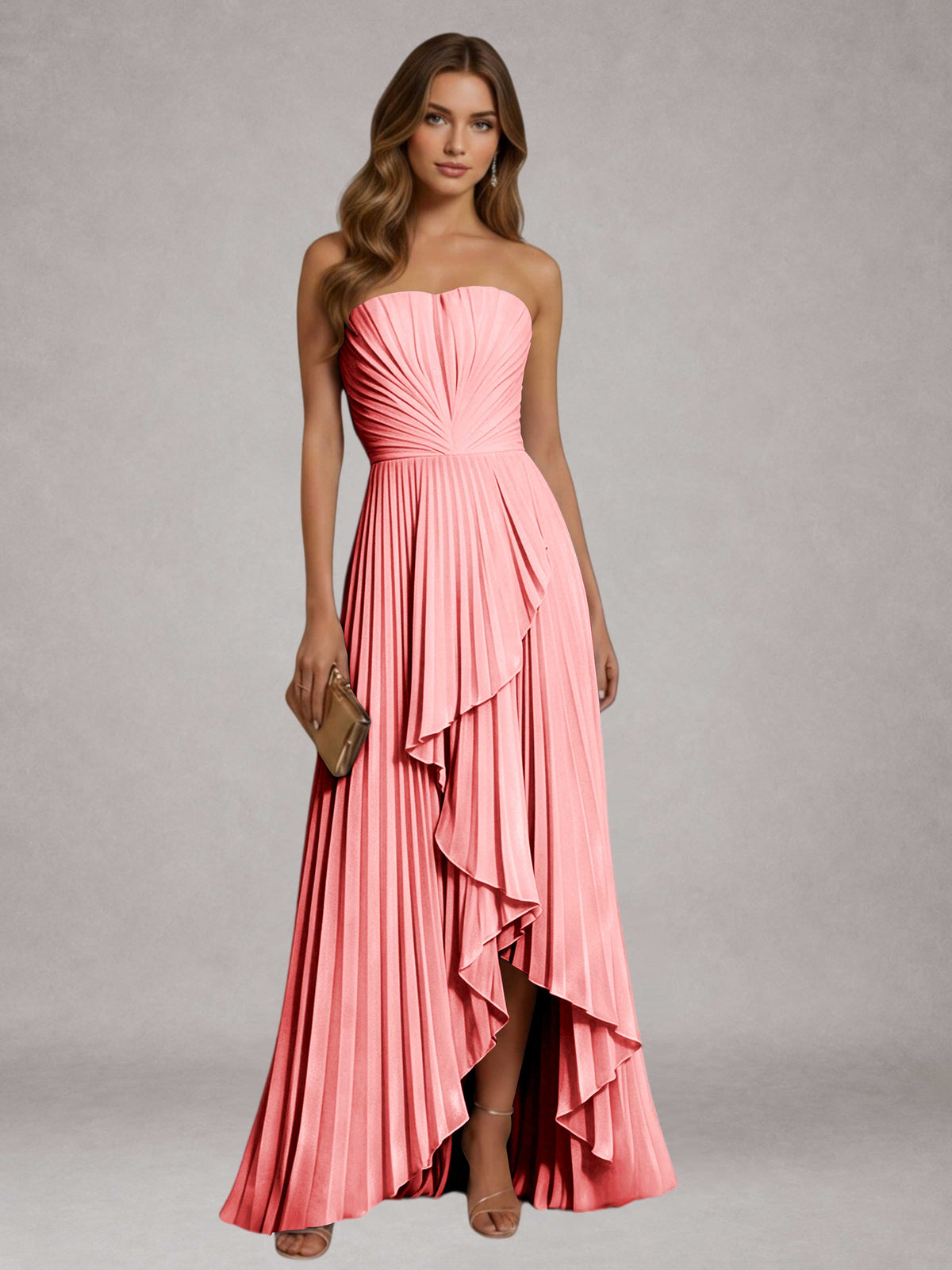 Coral Free Shipping Elegant Strapless A-Line Pleated Asymmetrical Long Prom Dress