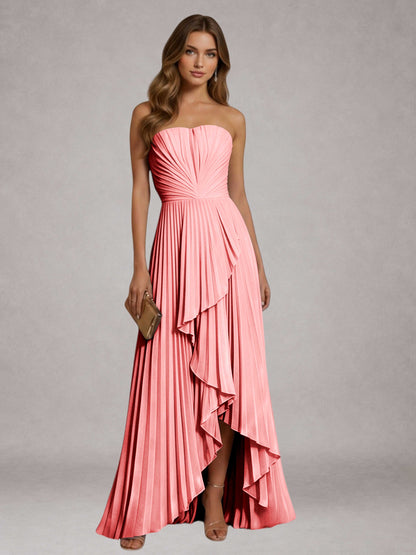 Coral Free Shipping Elegant Strapless A-Line Pleated Asymmetrical Long Prom Dress
