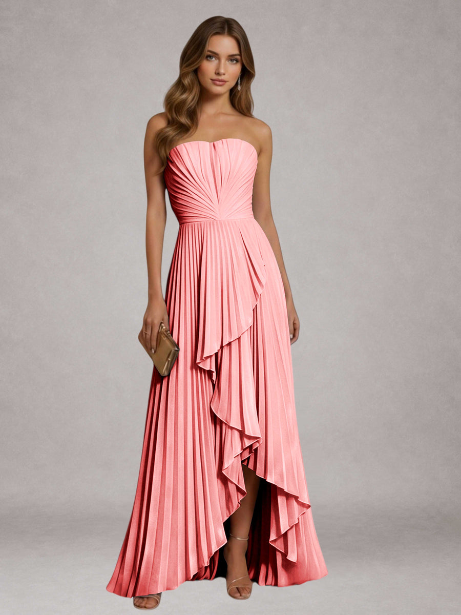 Coral Free Shipping Elegant Strapless A-Line Pleated Asymmetrical Long Prom Dress