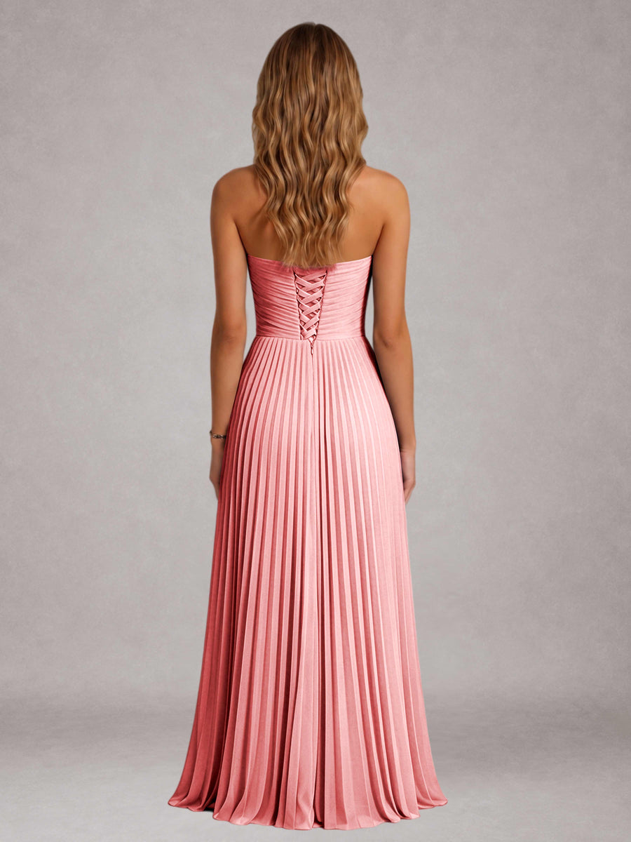 Coral Free Shipping Elegant Strapless A-Line Pleated Asymmetrical Long Prom Dress