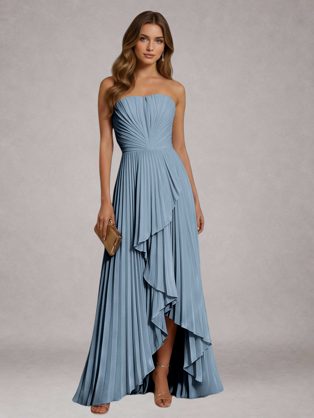 Dusty Blue Free Shipping Elegant Strapless A-Line Pleated Asymmetrical Long Prom Dress