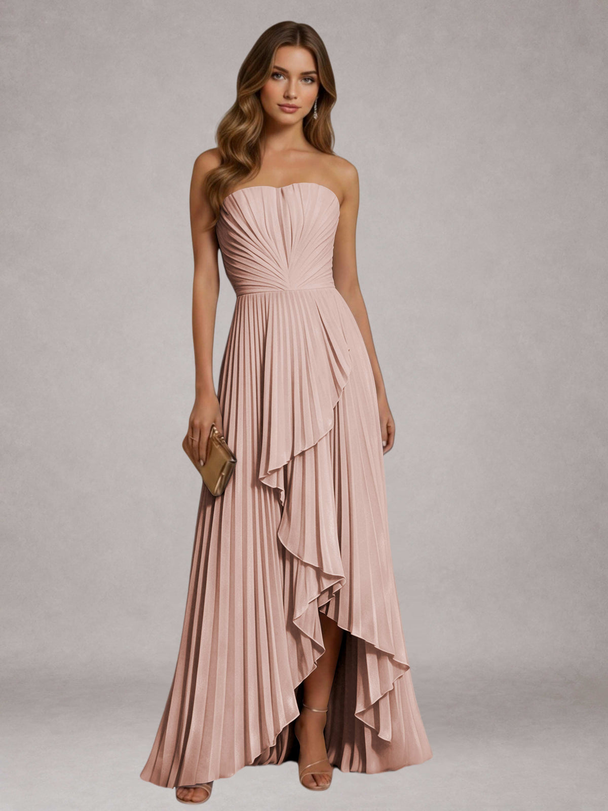 Dusty Rose Free Shipping Elegant Strapless A-Line Pleated Asymmetrical Long Prom Dress