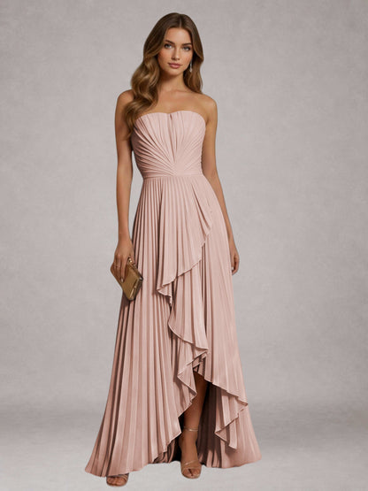 Dusty Rose Free Shipping Elegant Strapless A-Line Pleated Asymmetrical Long Prom Dress
