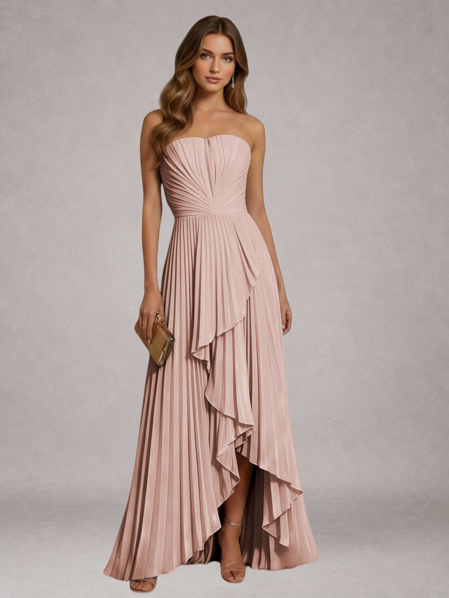 Dusty Rose Free Shipping Elegant Strapless A-Line Pleated Asymmetrical Long Prom Dress