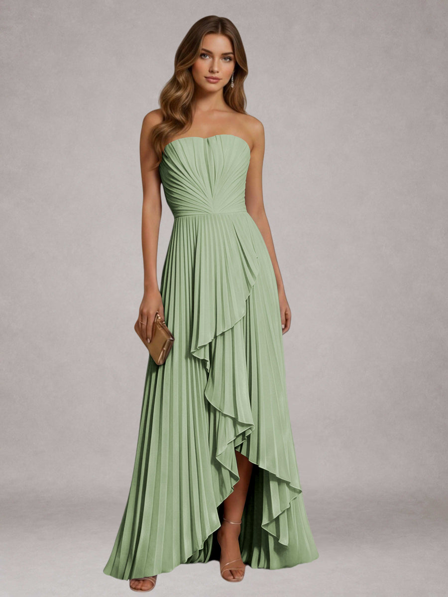 Dusty Sage Free Shipping Elegant Strapless A-Line Pleated Asymmetrical Long Prom Dress