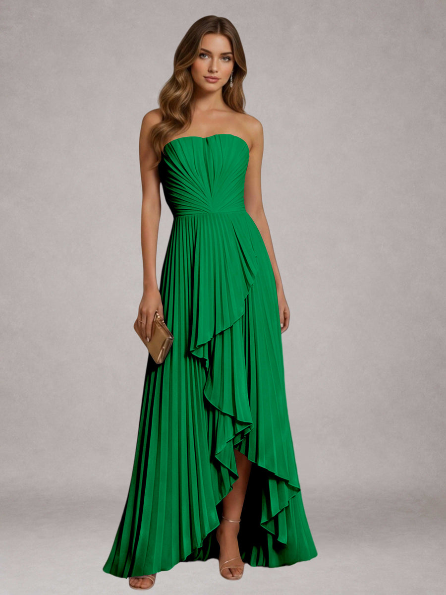 Emerald Green Free Shipping Elegant Strapless A-Line Pleated Asymmetrical Long Prom Dress