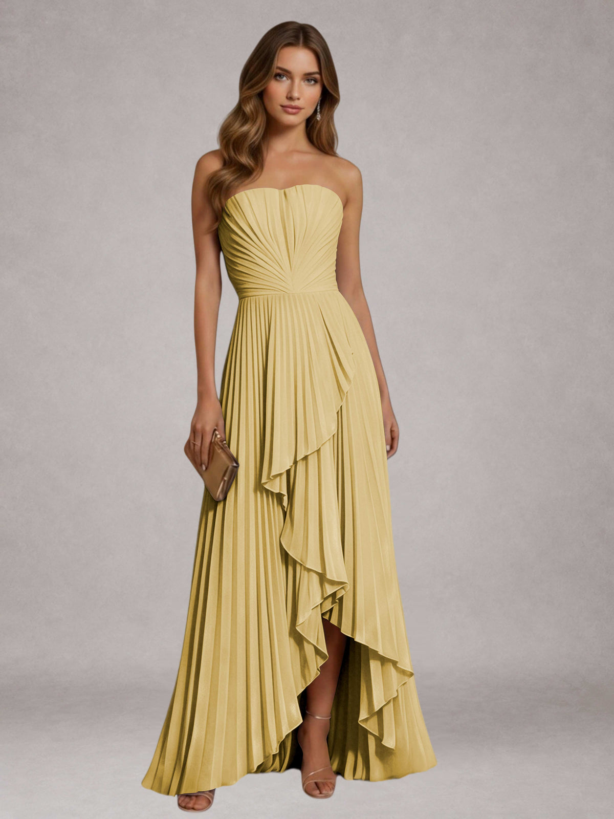 Gold Free Shipping Elegant Strapless A-Line Pleated Asymmetrical Long Prom Dress