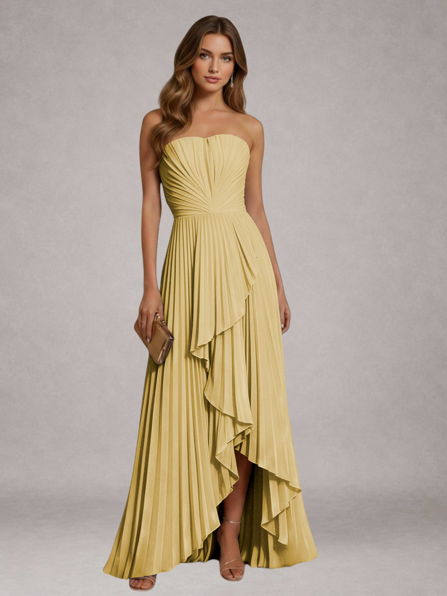 Gold Free Shipping Elegant Strapless A-Line Pleated Asymmetrical Long Prom Dress
