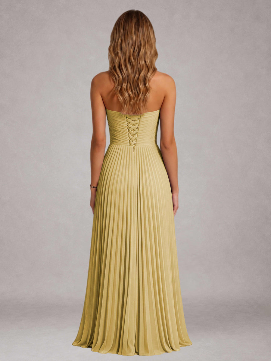 Gold Free Shipping Elegant Strapless A-Line Pleated Asymmetrical Long Prom Dress