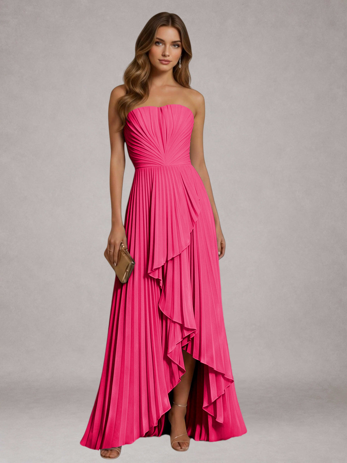 Hot Pink Free Shipping Elegant Strapless A-Line Pleated Asymmetrical Long Prom Dress
