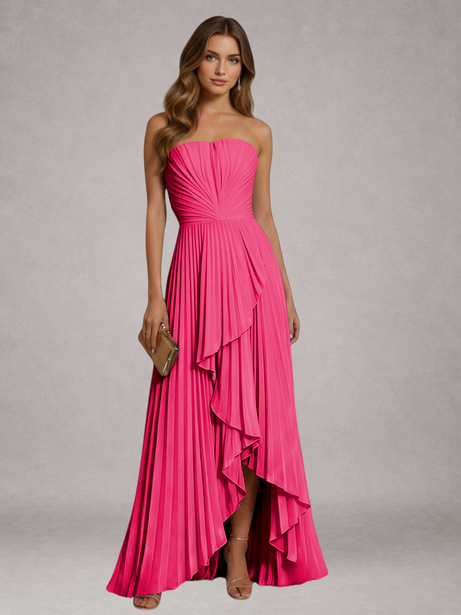 Hot Pink Free Shipping Elegant Strapless A-Line Pleated Asymmetrical Long Prom Dress