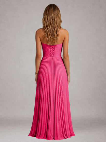 Hot Pink Free Shipping Elegant Strapless A-Line Pleated Asymmetrical Long Prom Dress