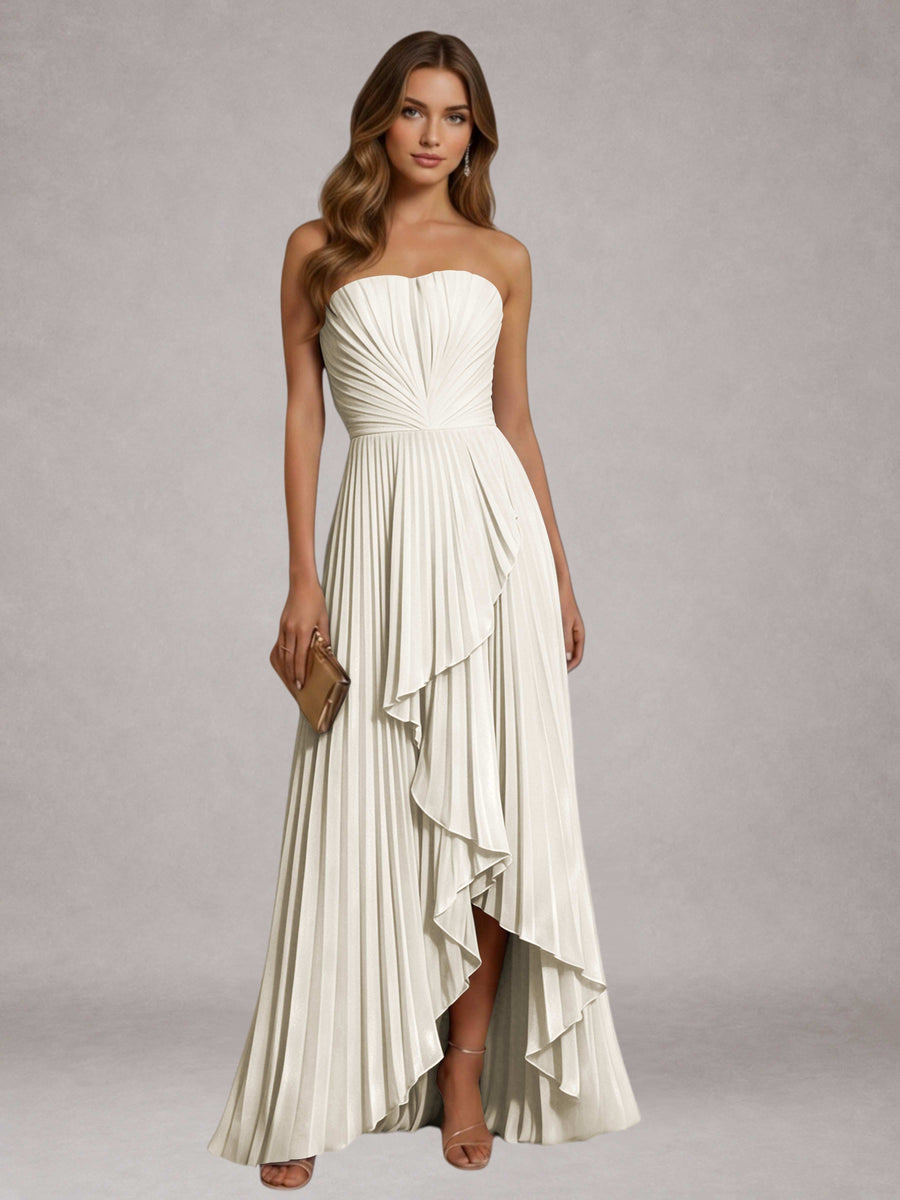 Ivory Free Shipping Elegant Strapless A-Line Pleated Asymmetrical Long Prom Dress