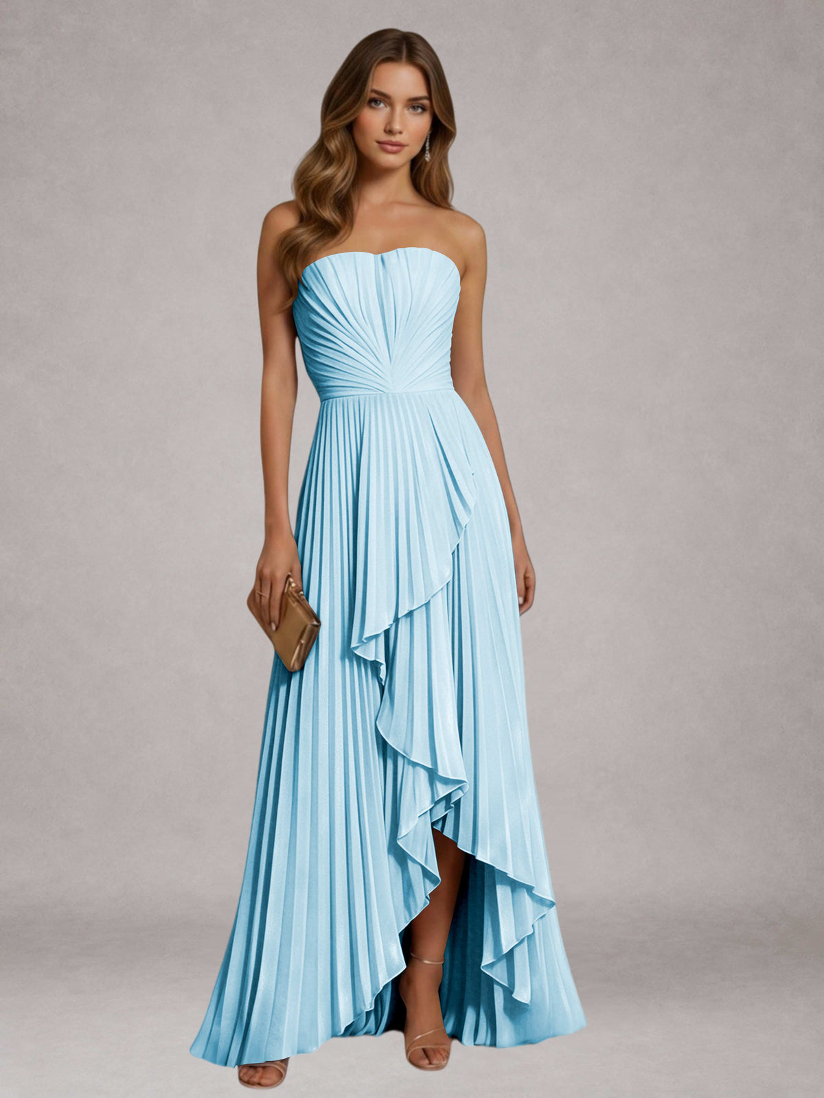 Light Blue Free Shipping Elegant Strapless A-Line Pleated Asymmetrical Long Prom Dress