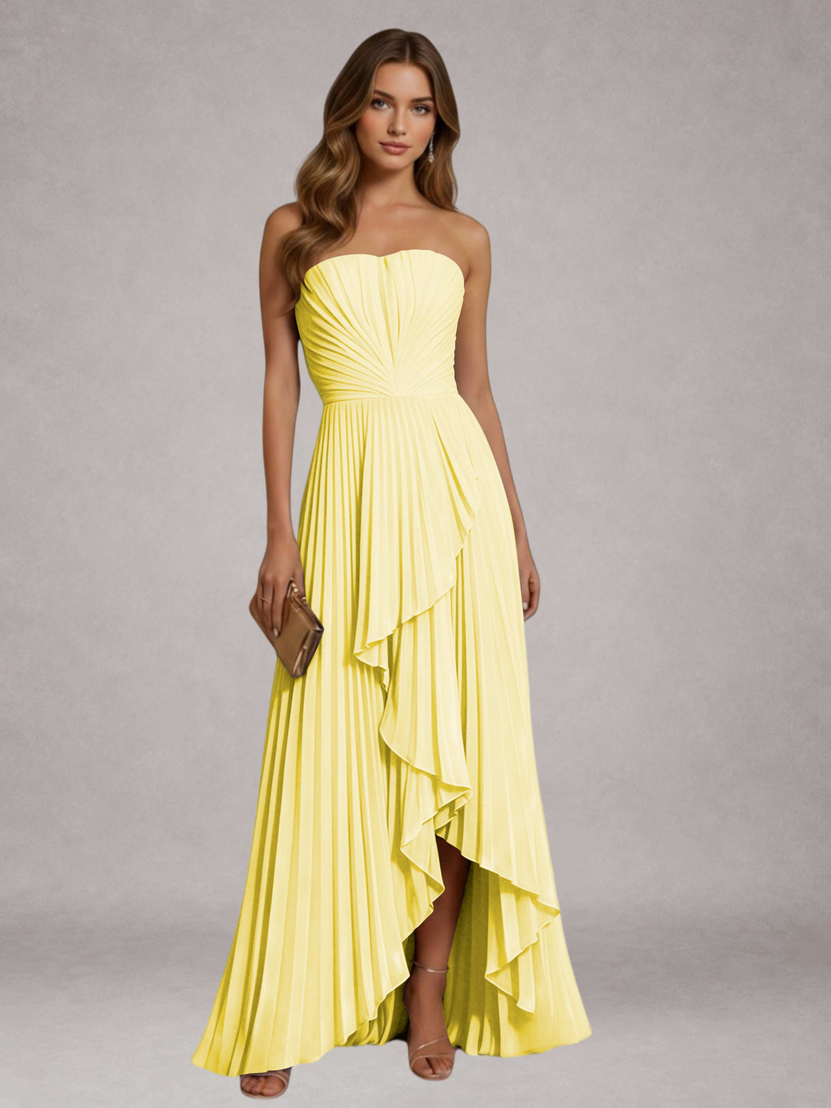 Light Yellow Free Shipping Elegant Strapless A-Line Pleated Asymmetrical Long Prom Dress