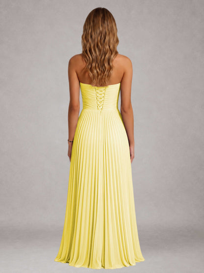 Light Yellow Free Shipping Elegant Strapless A-Line Pleated Asymmetrical Long Prom Dress