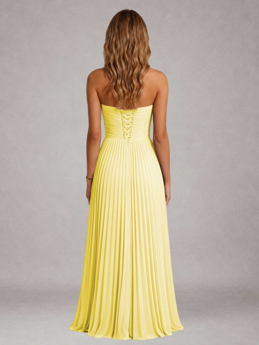 Light Yellow Free Shipping Elegant Strapless A-Line Pleated Asymmetrical Long Prom Dress