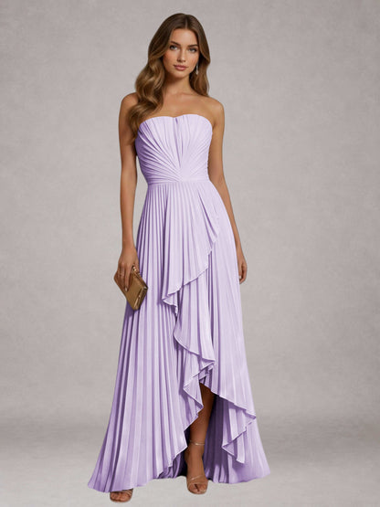 Lilac Free Shipping Elegant Strapless A-Line Pleated Asymmetrical Long Prom Dress