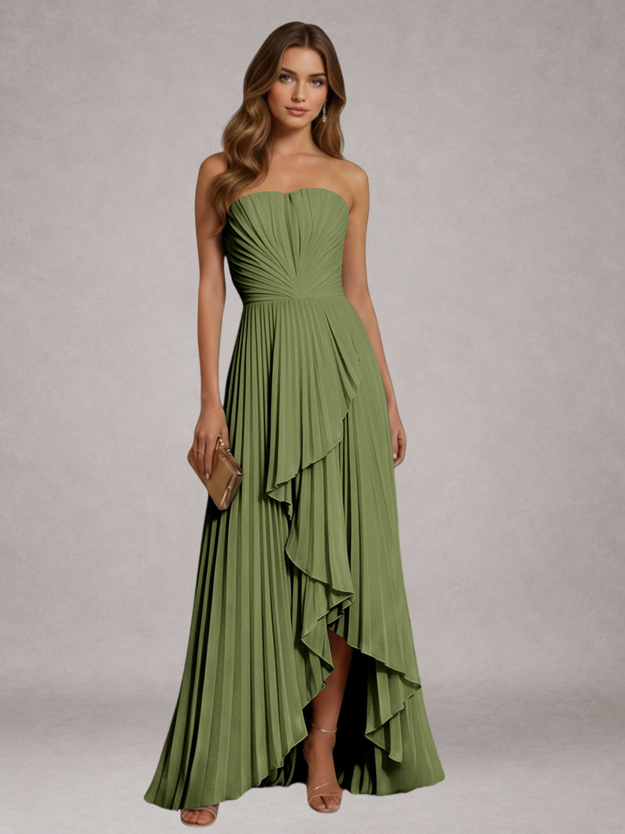 Olive Green Free Shipping Elegant Strapless A-Line Pleated Asymmetrical Long Prom Dress