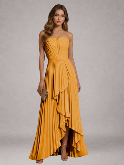 Orange Free Shipping Elegant Strapless A-Line Pleated Asymmetrical Long Prom Dress