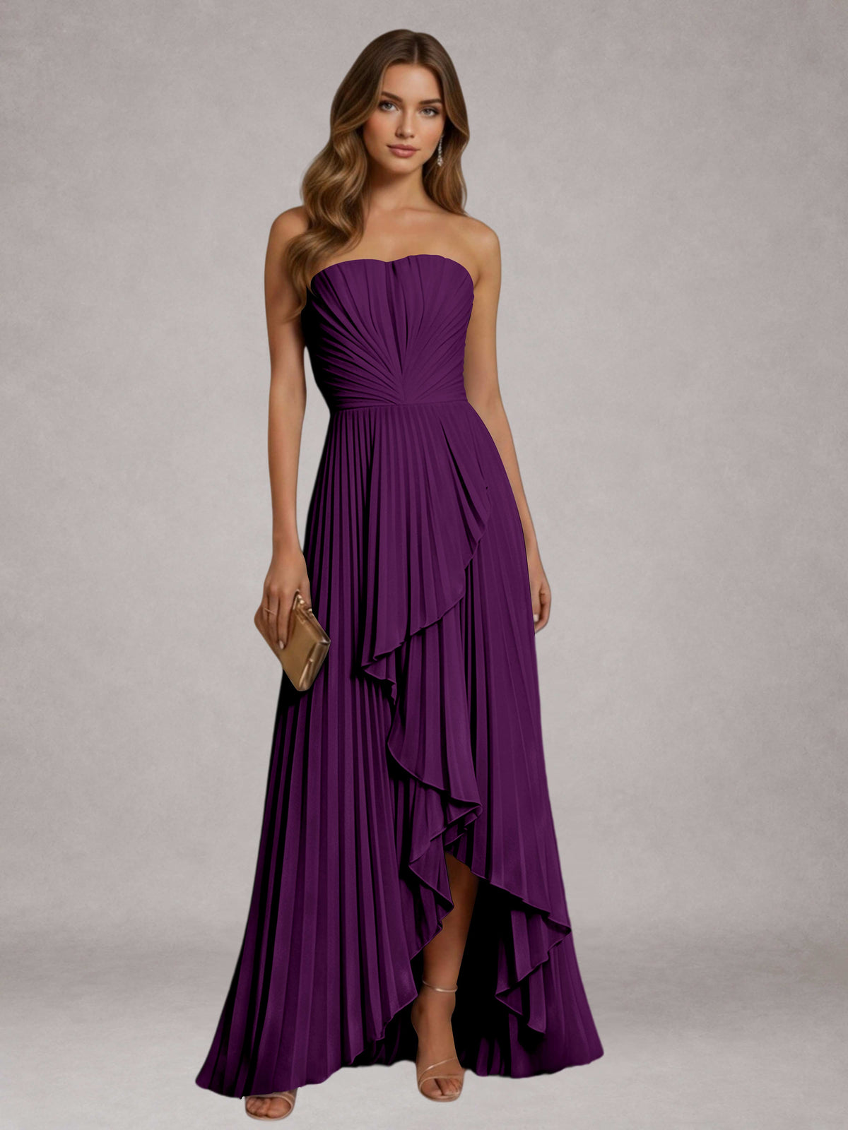 Plum Free Shipping Elegant Strapless A-Line Pleated Asymmetrical Long Prom Dress