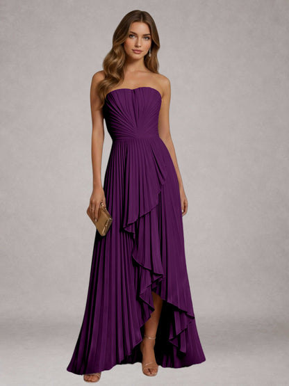 Plum Free Shipping Elegant Strapless A-Line Pleated Asymmetrical Long Prom Dress