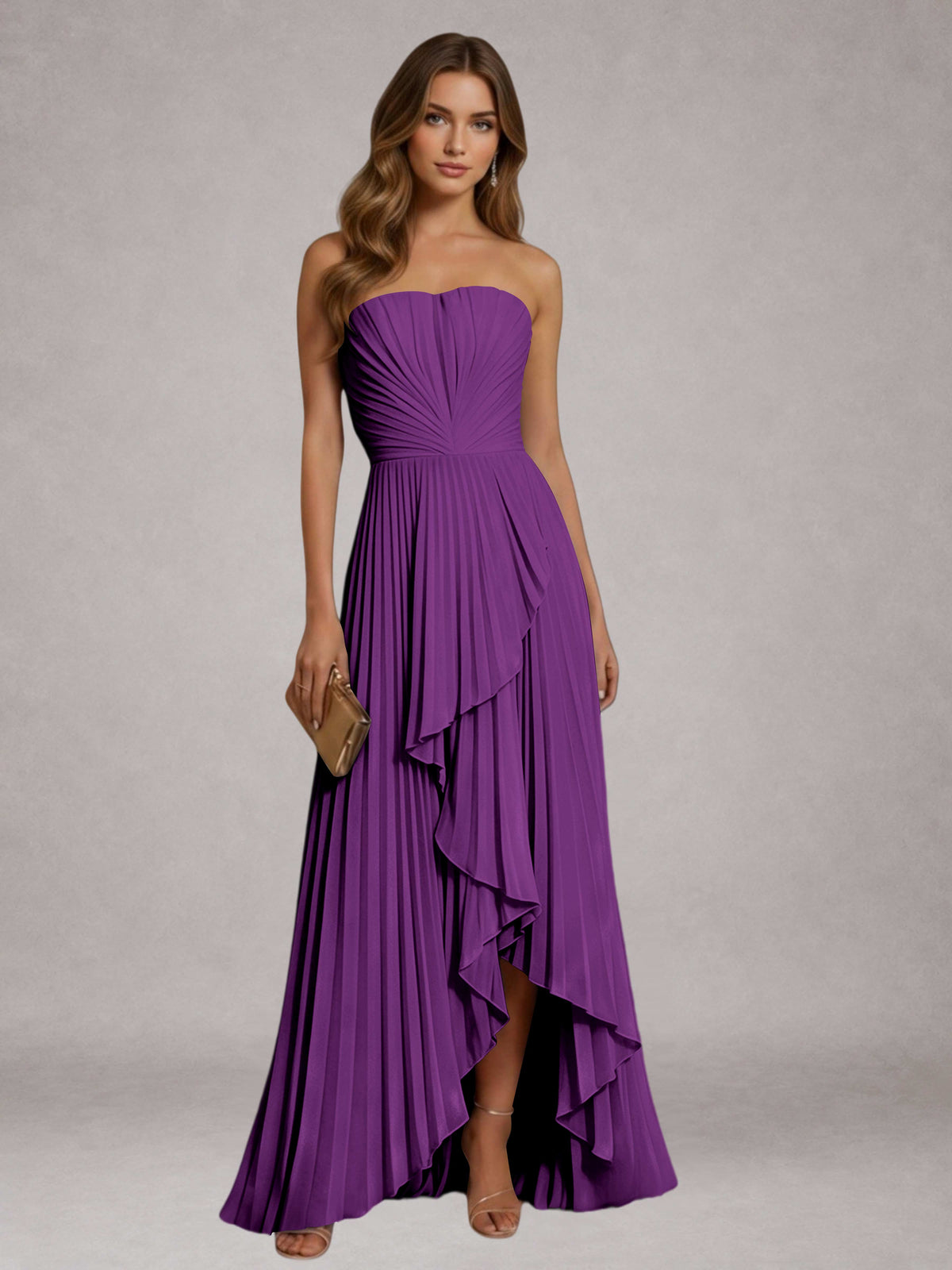 Purple Free Shipping Elegant Strapless A-Line Pleated Asymmetrical Long Prom Dress
