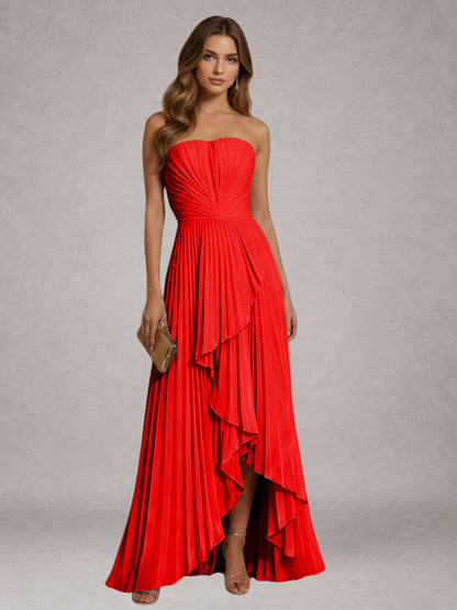 Red Free Shipping Elegant Strapless A-Line Pleated Asymmetrical Long Prom Dress