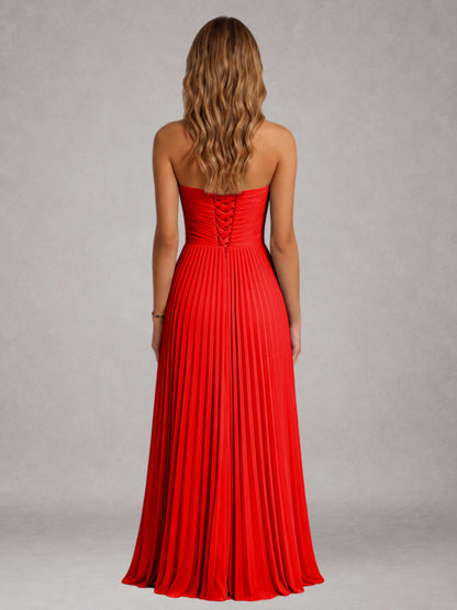 Red Free Shipping Elegant Strapless A-Line Pleated Asymmetrical Long Prom Dress