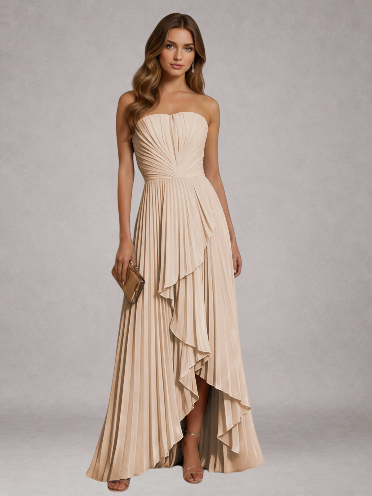 Rose Gold Free Shipping Elegant Strapless A-Line Pleated Asymmetrical Long Prom Dress