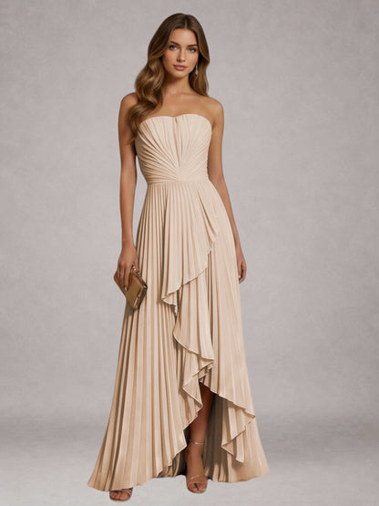 Rose Gold Free Shipping Elegant Strapless A-Line Pleated Asymmetrical Long Prom Dress