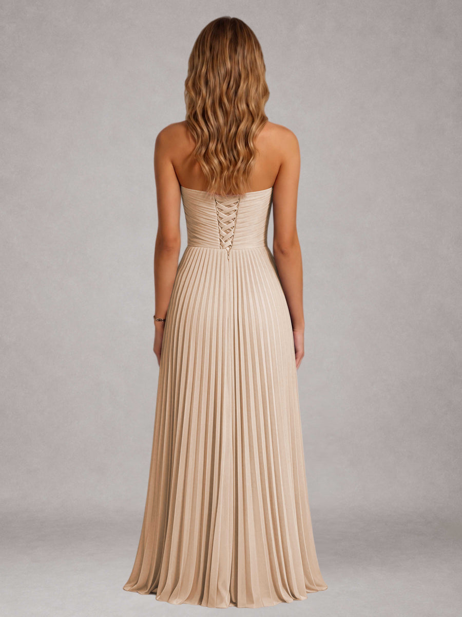 Rose Gold Free Shipping Elegant Strapless A-Line Pleated Asymmetrical Long Prom Dress