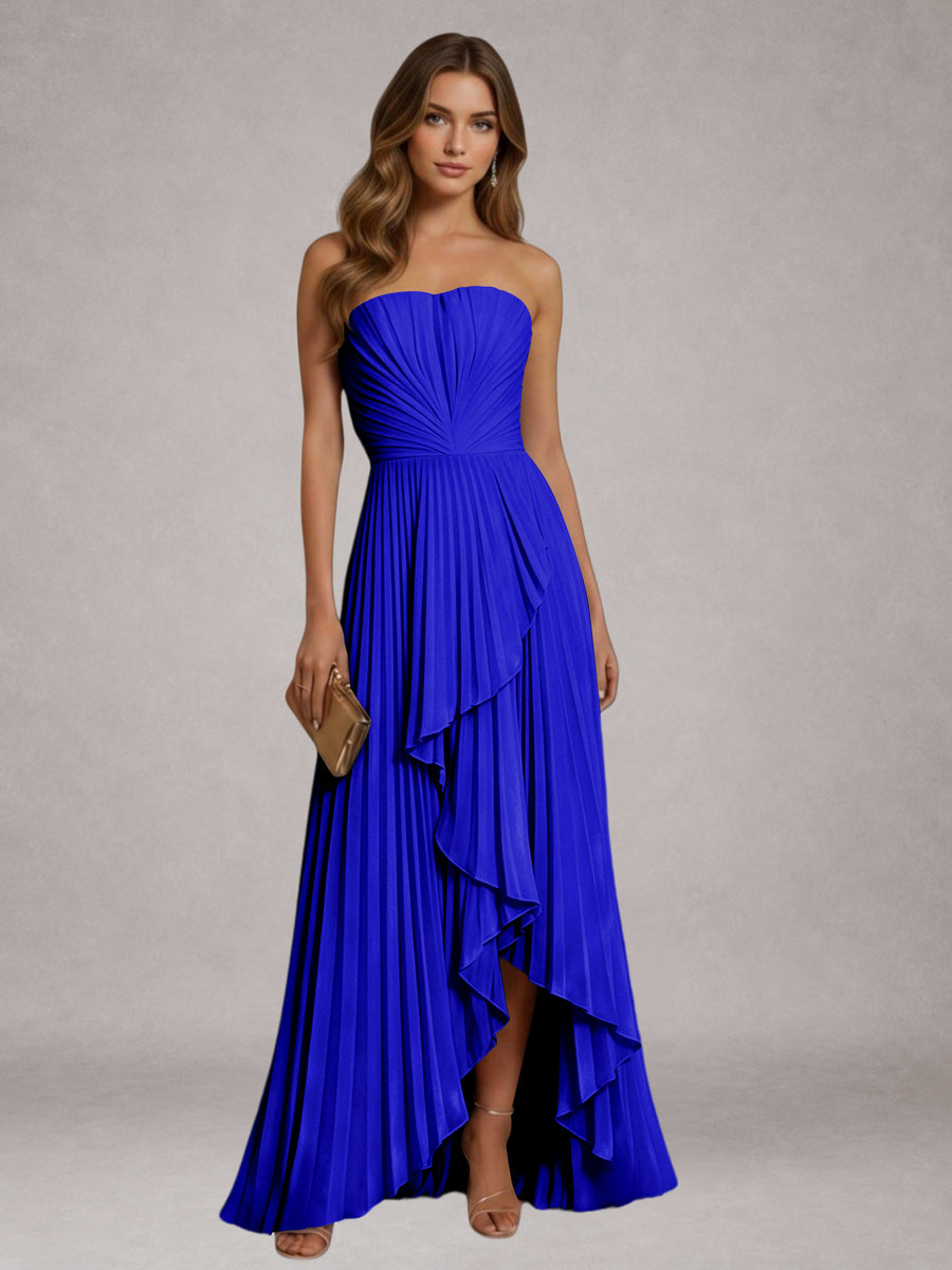 Royal Blue Free Shipping Elegant Strapless A-Line Pleated Asymmetrical Long Prom Dress