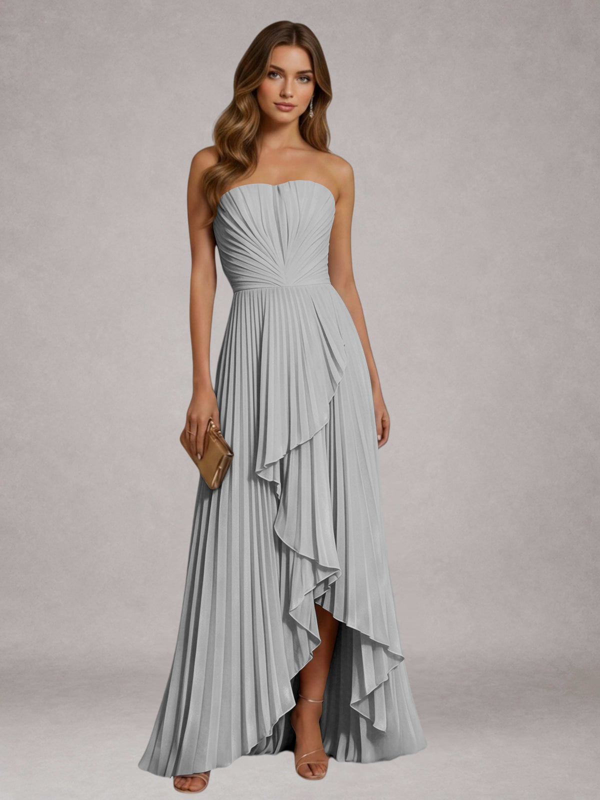 Silver Free Shipping Elegant Strapless A-Line Pleated Asymmetrical Long Prom Dress