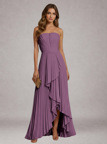 Vintage Mauve Free Shipping Elegant Strapless A-Line Pleated Asymmetrical Long Prom Dress