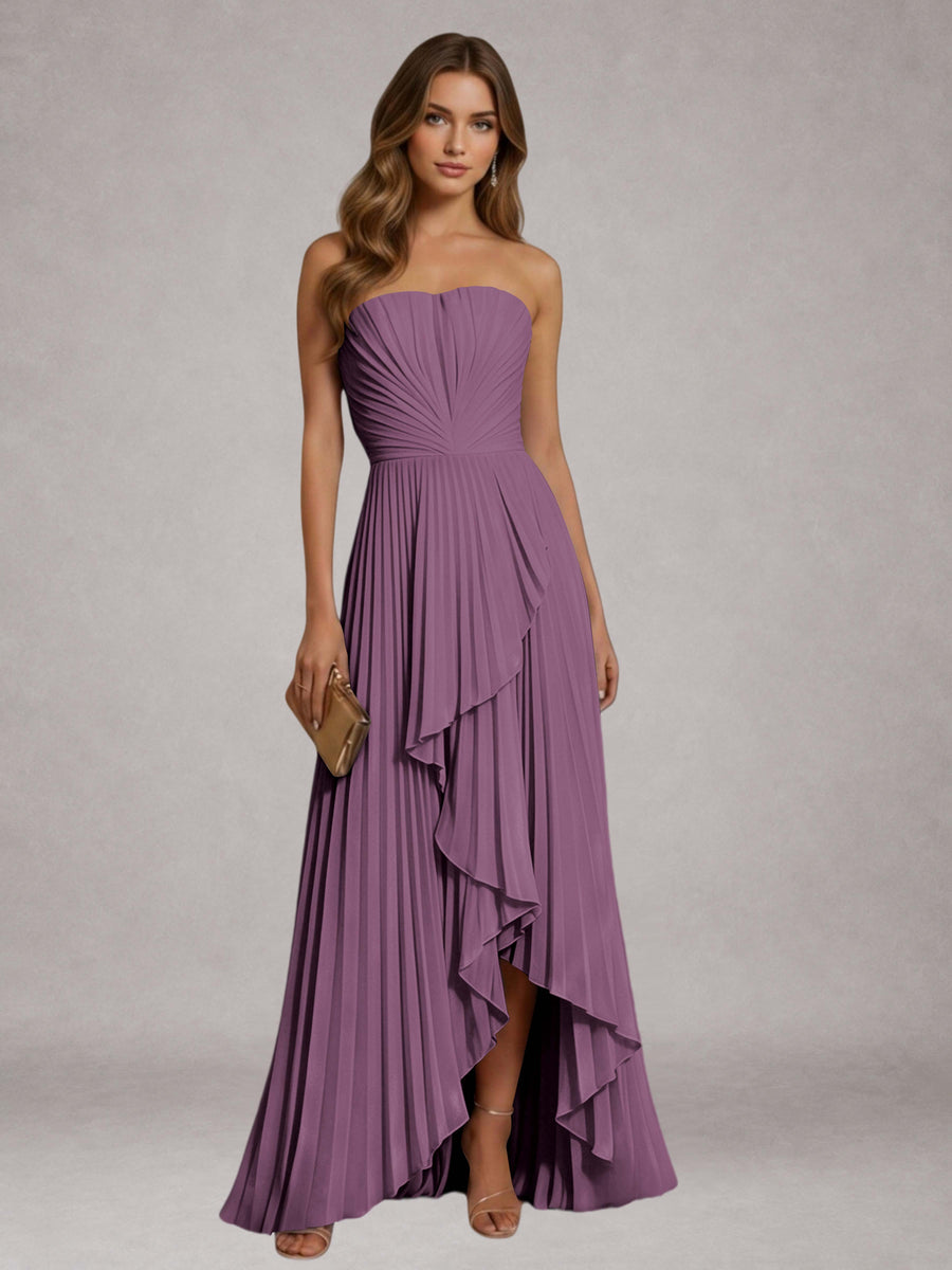 Vintage Mauve Free Shipping Elegant Strapless A-Line Pleated Asymmetrical Long Prom Dress