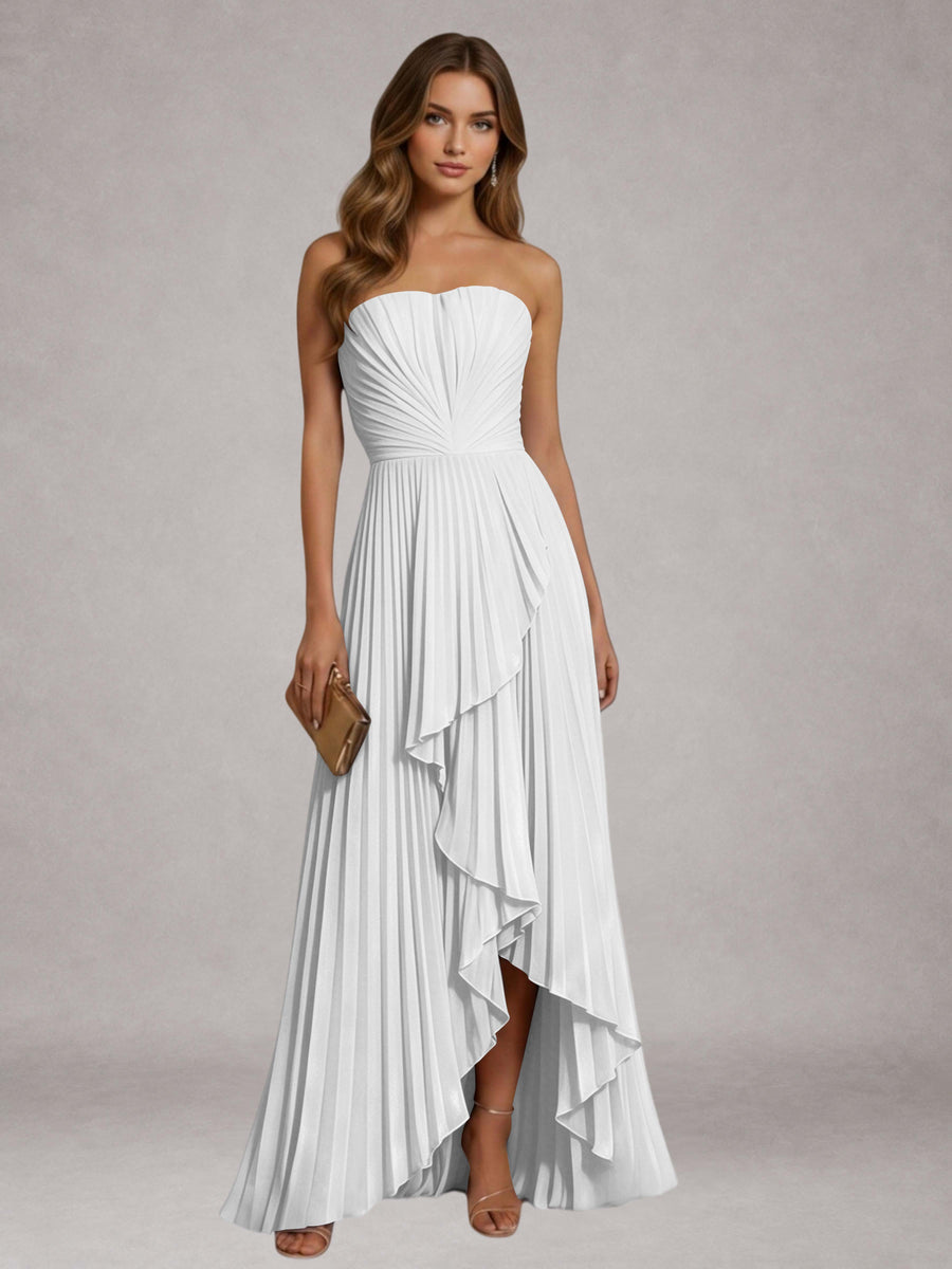 White Free Shipping Elegant Strapless A-Line Pleated Asymmetrical Long Prom Dress