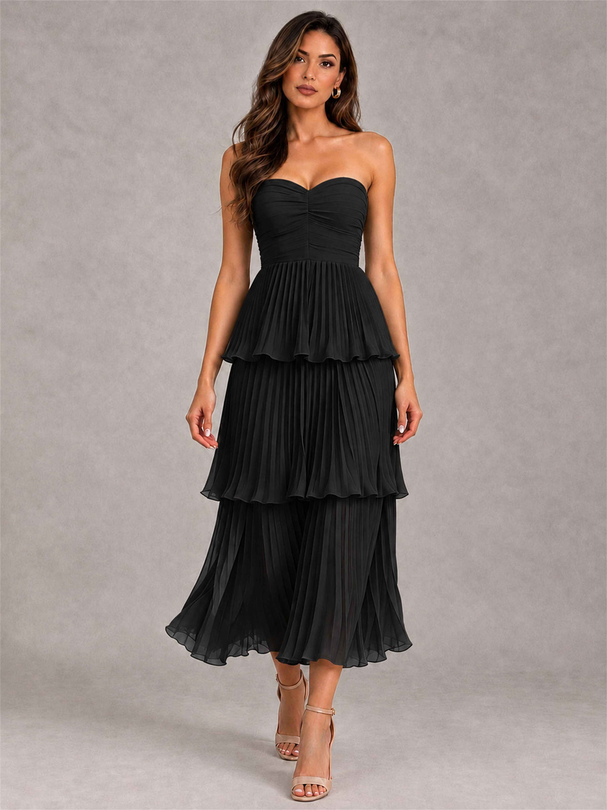 Elegant Strapless A-Line Pleated Tiered Midi-Length Wedding Guest Dress