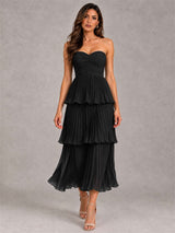 Elegant Strapless A-Line Pleated Tiered Midi-Length Wedding Guest Dress