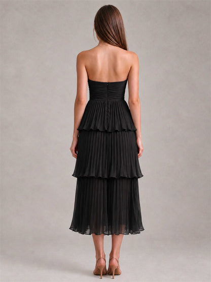 Elegant Strapless A-Line Pleated Tiered Midi-Length Wedding Guest Dress
