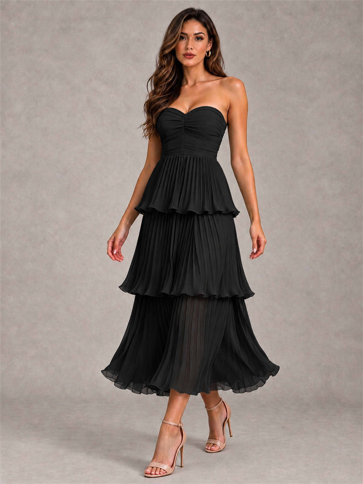 Elegant Strapless A-Line Pleated Tiered Midi-Length Wedding Guest Dress