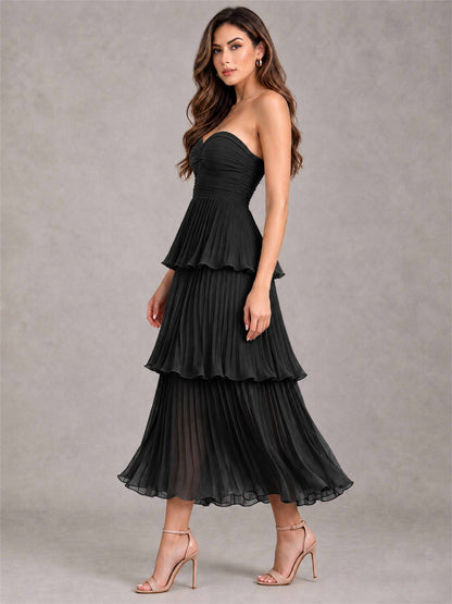 Elegant Strapless A-Line Pleated Tiered Midi-Length Wedding Guest Dress