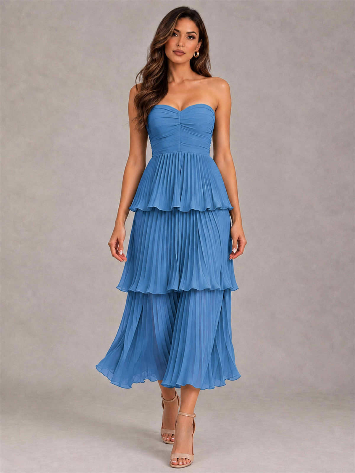 Elegant Strapless A-Line Pleated Tiered Midi-Length Wedding Guest Dress