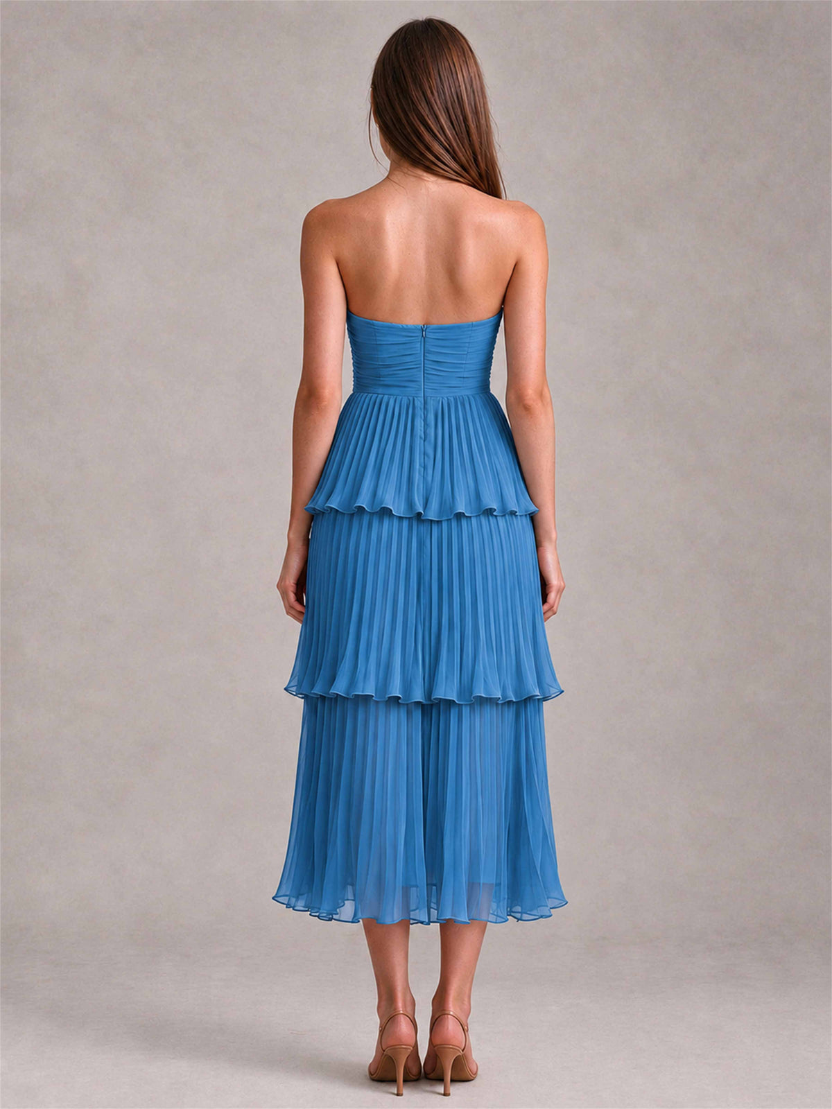 Elegant Strapless A-Line Pleated Tiered Midi-Length Wedding Guest Dress
